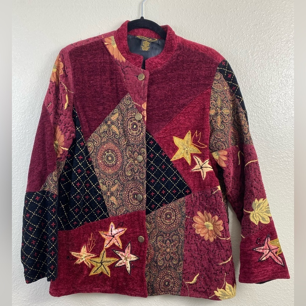 Vintage Alex Kim Blazer Jacket women’s Medium Embroidered Patchwork Grandmacore